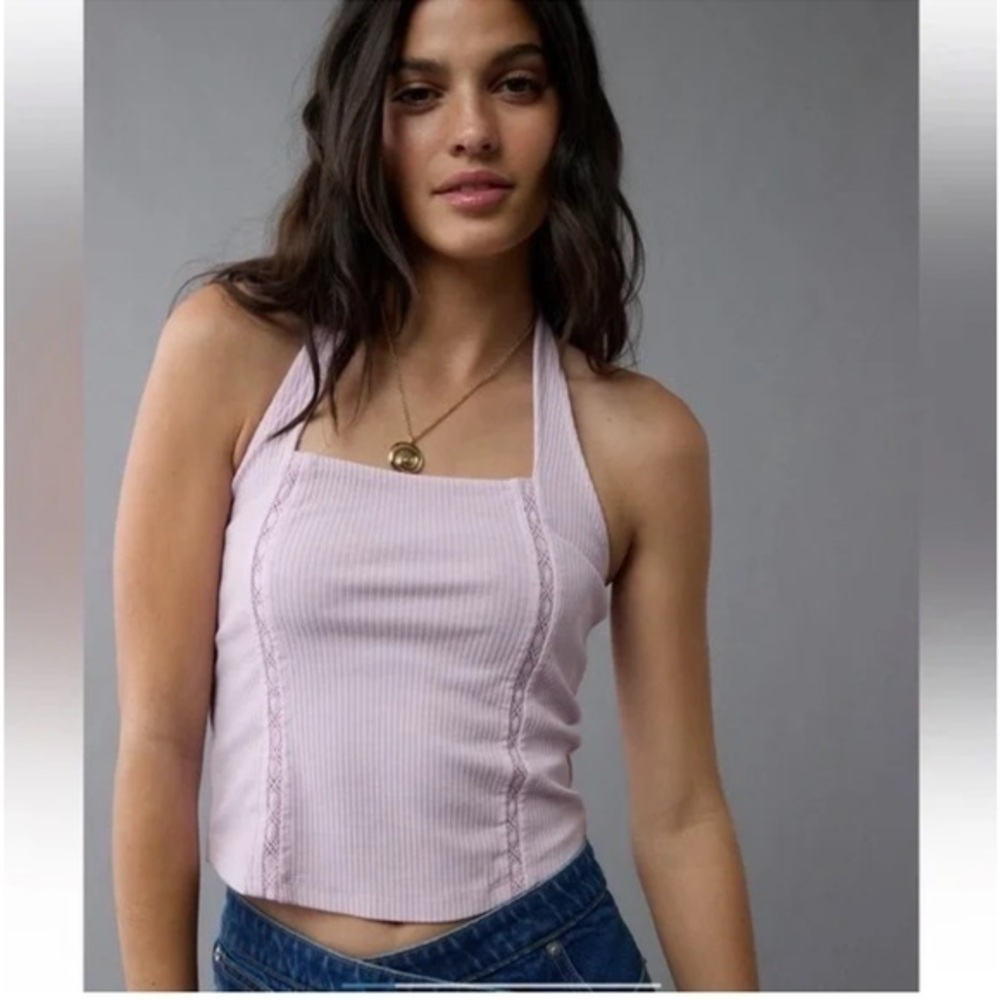 NWT AE Lavender Ribbed Halter Tank Top with lace details